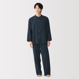 紳士　脇に縫い目のない　二重ガーゼ　スタンドカラー長袖パジャマ