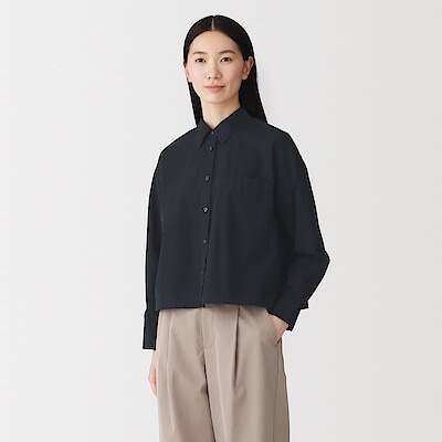婦人　洗いざらし　ブロード　ショート丈長袖シャツ