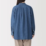 婦人　洗いざらし　デニム　スタンドカラー長袖ロングシャツ
