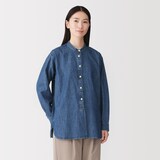 婦人　洗いざらし　デニム　スタンドカラー長袖ロングシャツ