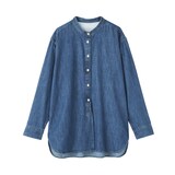 婦人　洗いざらし　デニム　スタンドカラー長袖ロングシャツ