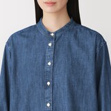 婦人　洗いざらし　デニム　スタンドカラー長袖ロングシャツ