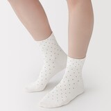 婦人　足なり直角　履き口やわらか　ドット柄　ショート丈靴下（口ゴムなし）