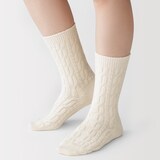 婦人　足なり直角　履き口やわらか　ウール混　ケーブル柄靴下