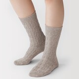 婦人　足なり直角　履き口やわらか　ウール混　ケーブル柄靴下