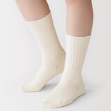 婦人　足なり直角　履き口やわらか　ウール混　リブ編み靴下