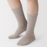 婦人　足なり直角　履き口やわらか　ウール混　リブ編み靴下