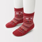 キッズ　足なり直角　パイル編み　雪柄　ルームソックス