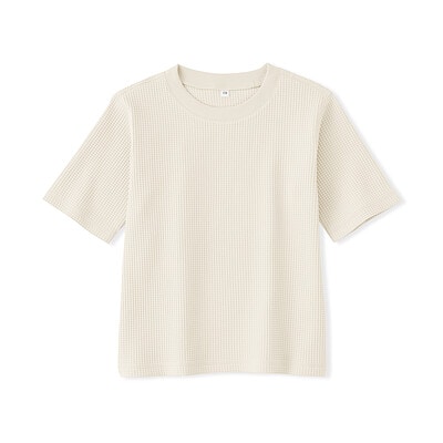 キッズ　素材に還るワッフル編みクルーネック五分袖Ｔシャツ