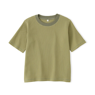 キッズ　素材に還るワッフル編みクルーネック五分袖Ｔシャツ
