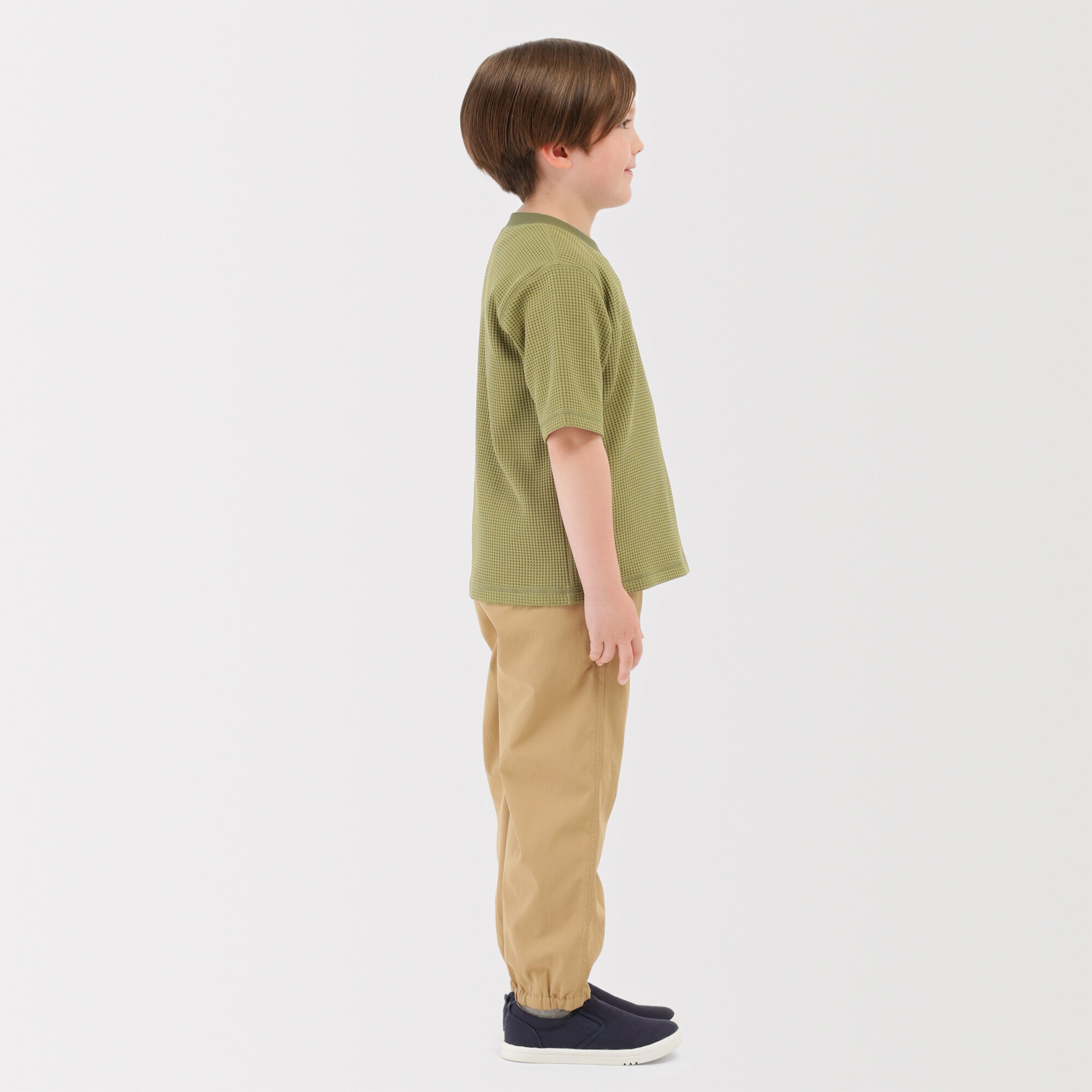 キッズ　素材に還るワッフル編みクルーネック五分袖Ｔシャツ