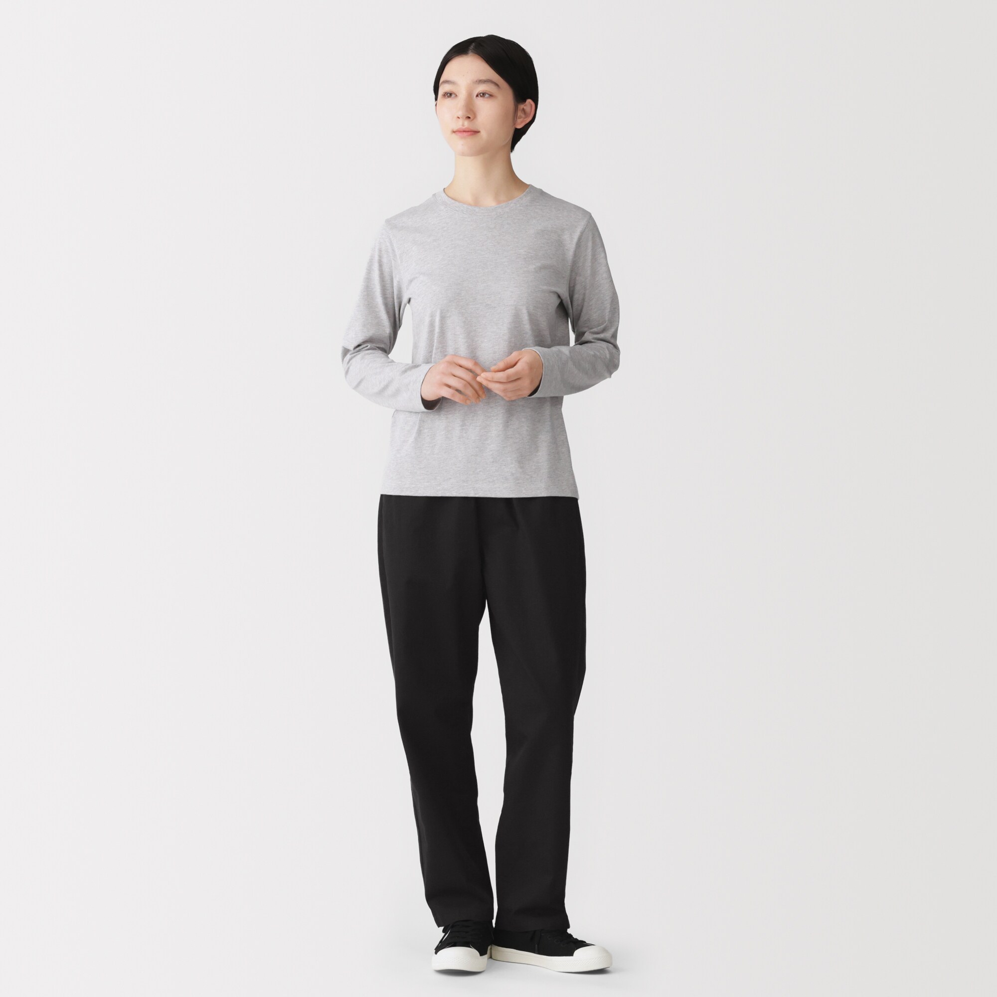 婦人　洗いざらし　コットンイージーテーパードパンツ