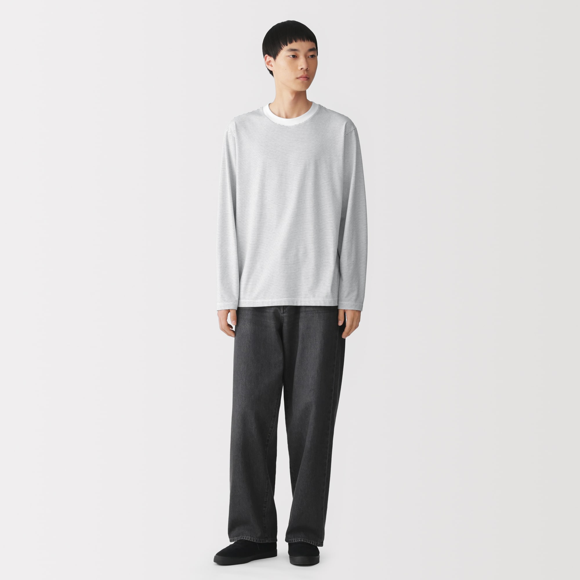 紳士　天竺編みクルーネック長袖Ｔシャツ（ボーダー）