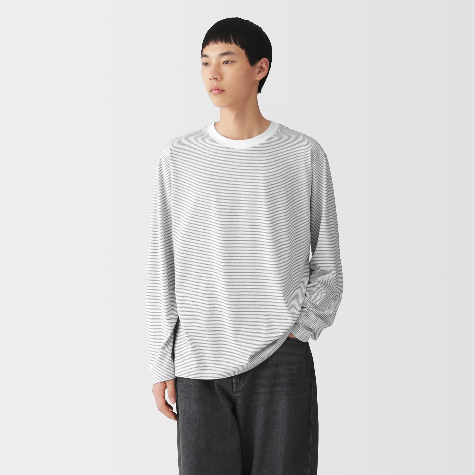紳士　天竺編みクルーネック長袖Ｔシャツ（ボーダー）