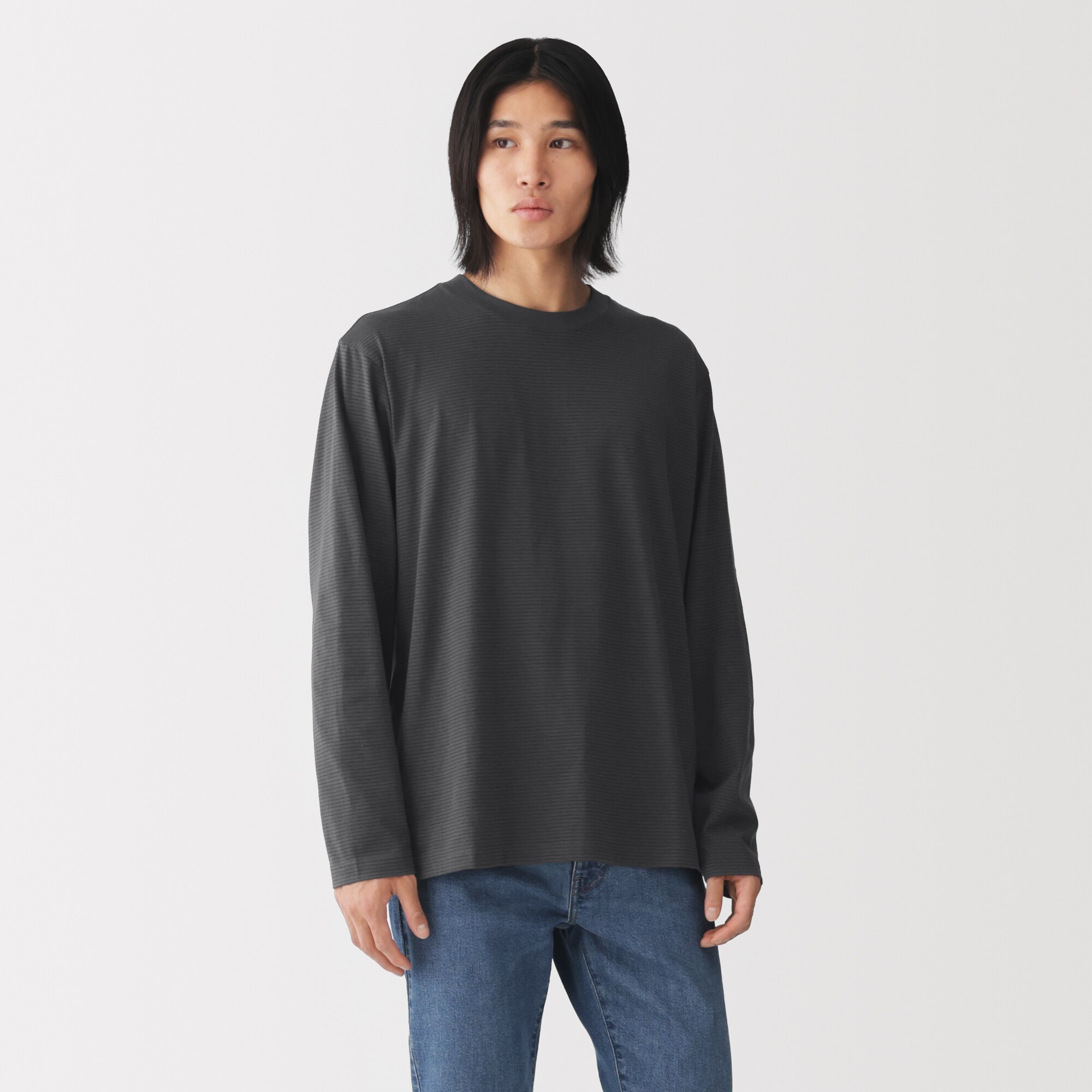 紳士　天竺編みクルーネック長袖Ｔシャツ（ボーダー）