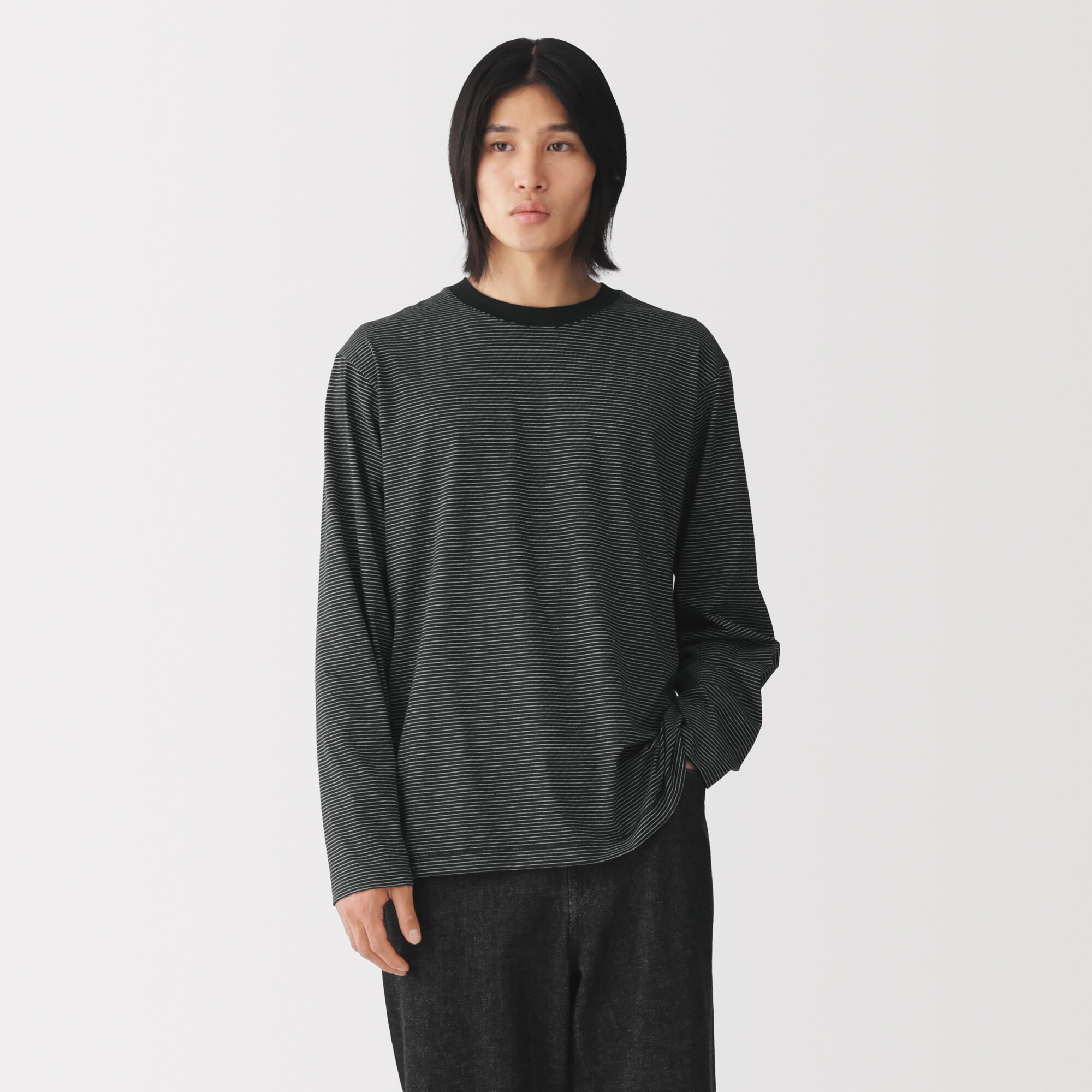 紳士　天竺編みクルーネック長袖Ｔシャツ（ボーダー）