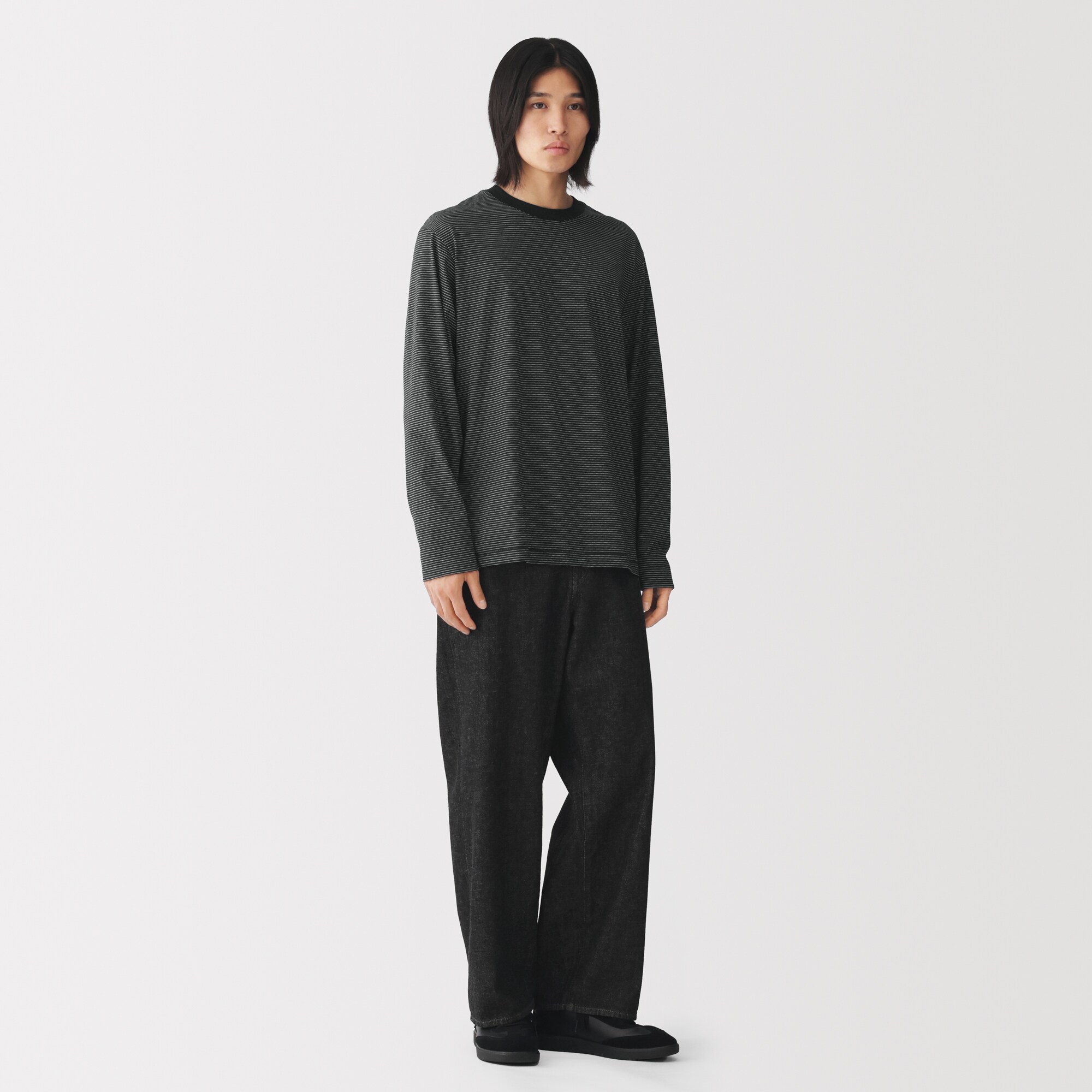 紳士　天竺編みクルーネック長袖Ｔシャツ（ボーダー）