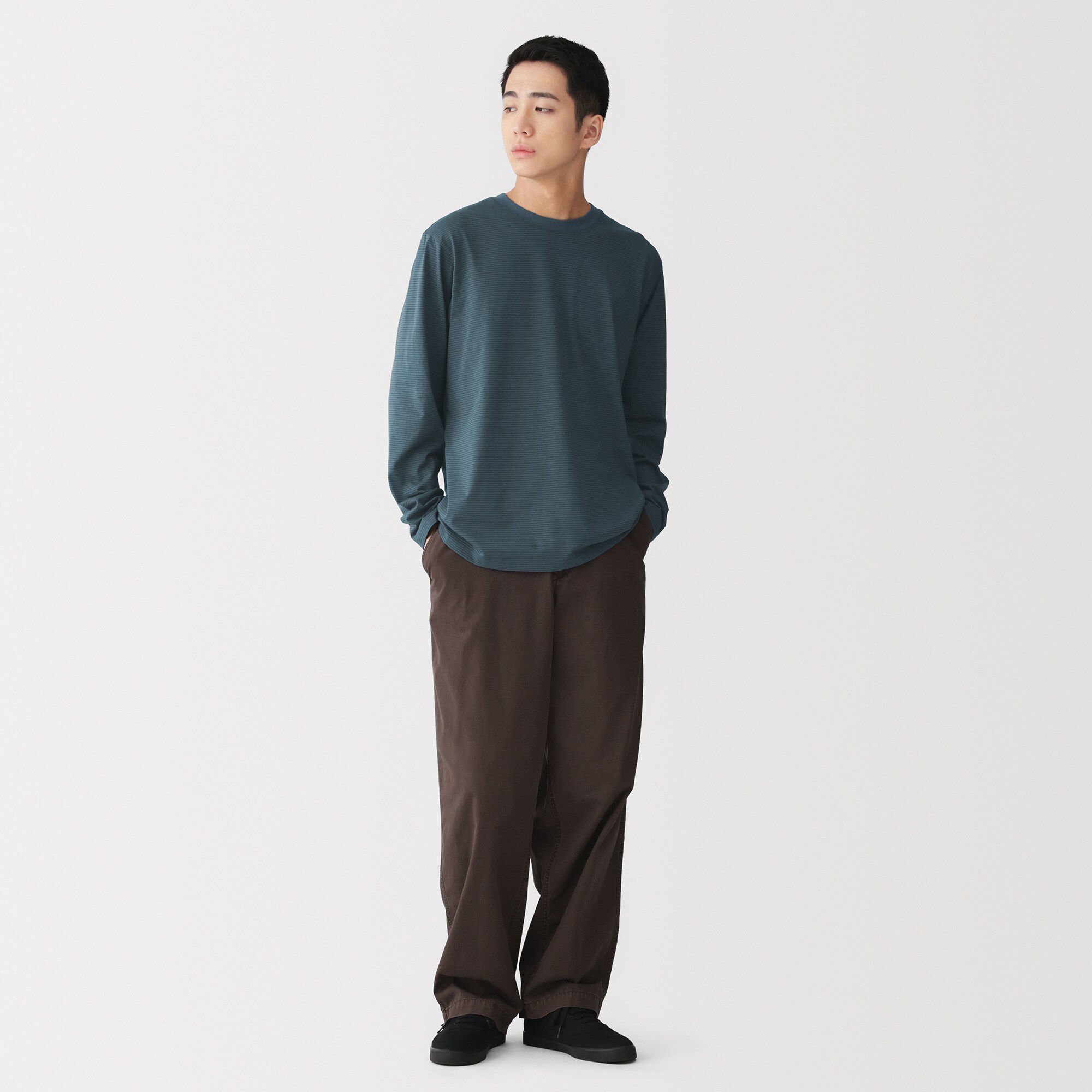 紳士　天竺編みクルーネック長袖Ｔシャツ（ボーダー）