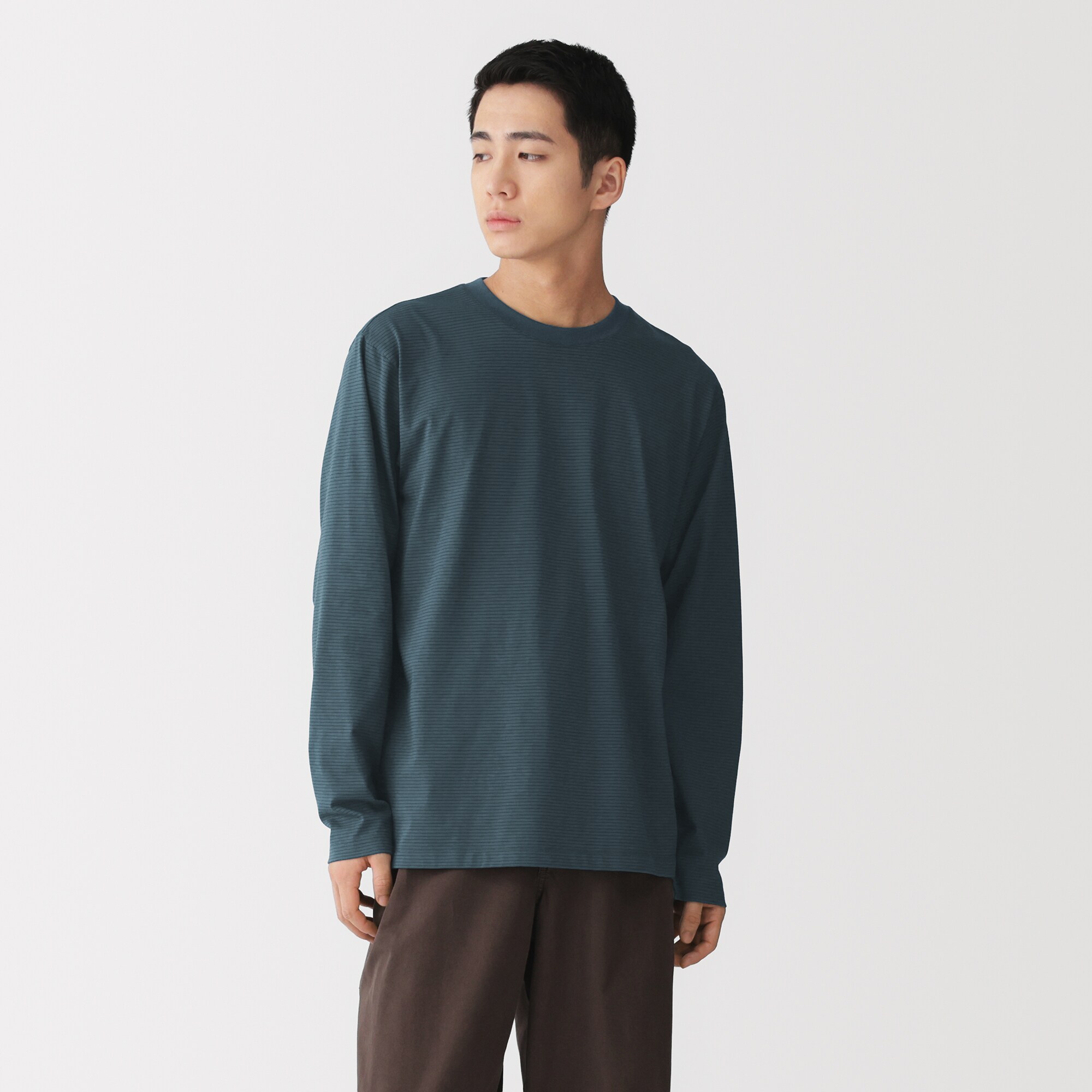 紳士　天竺編みクルーネック長袖Ｔシャツ（ボーダー）