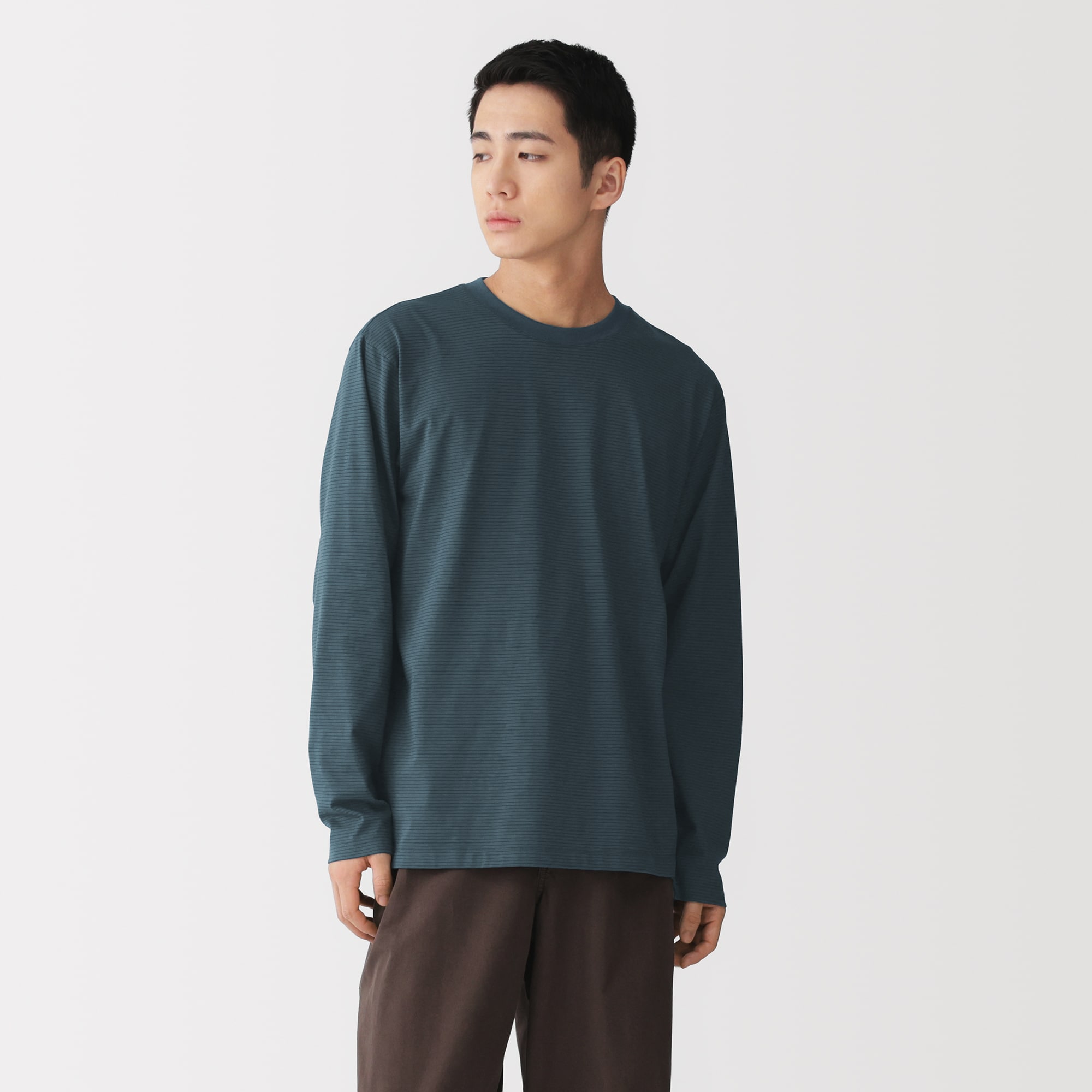 紳士　天竺編みクルーネック長袖Ｔシャツ（ボーダー）