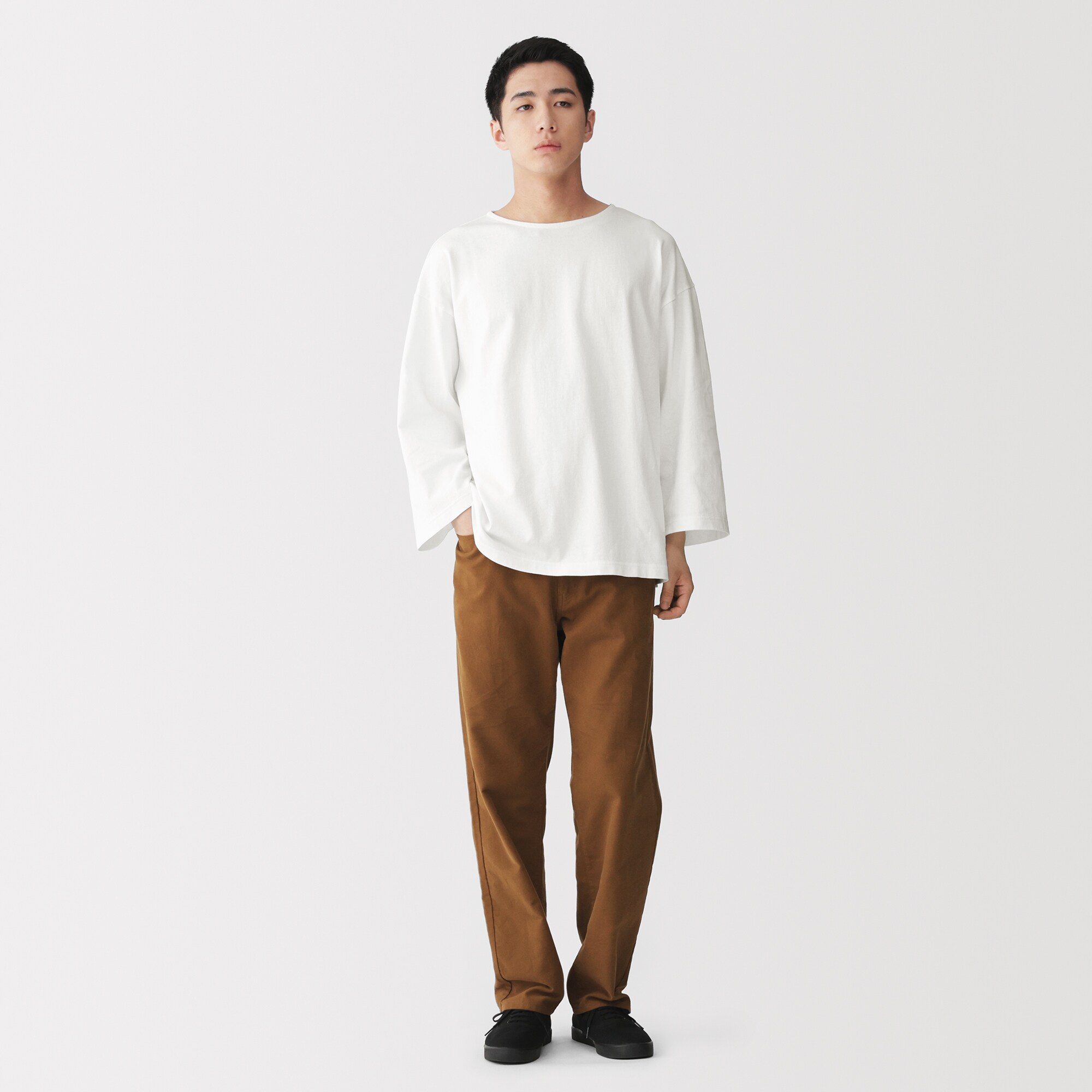 紳士　洗いざらし太番手ボートネック七分袖Ｔシャツ