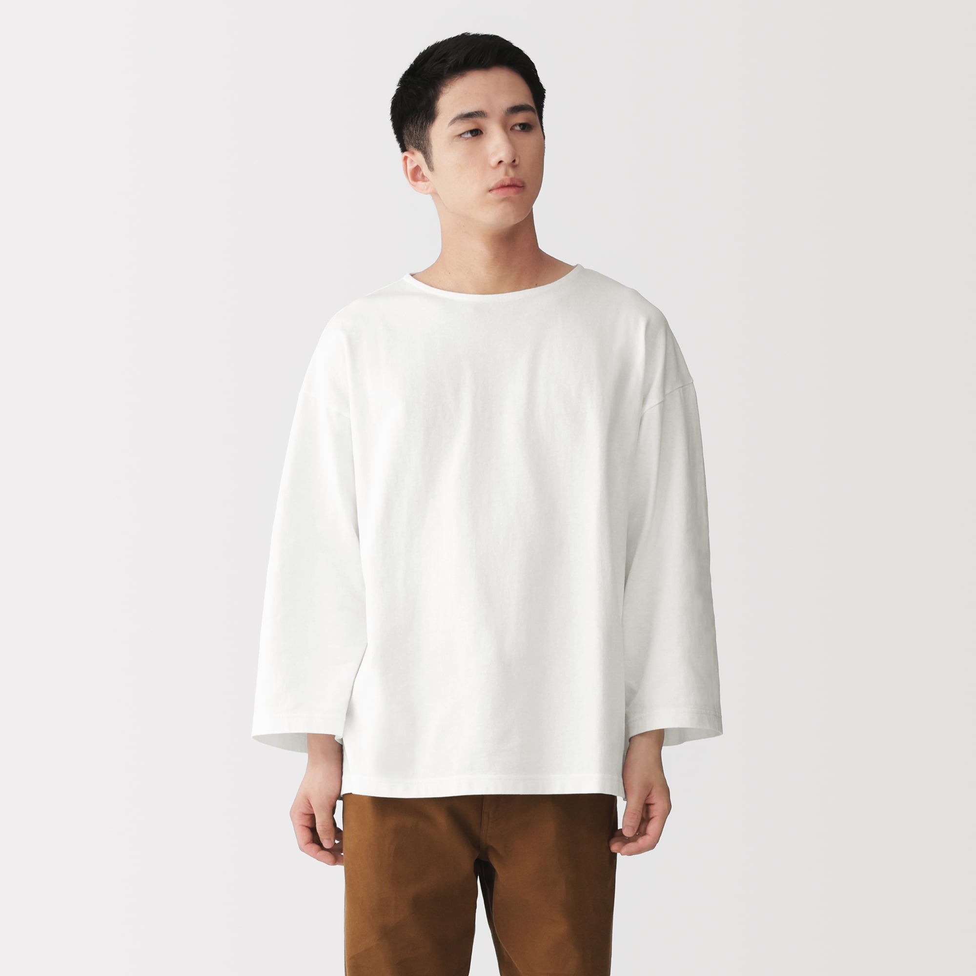 紳士 洗いざらし太番手ボートネック七分袖Tシャツ | 無印良品