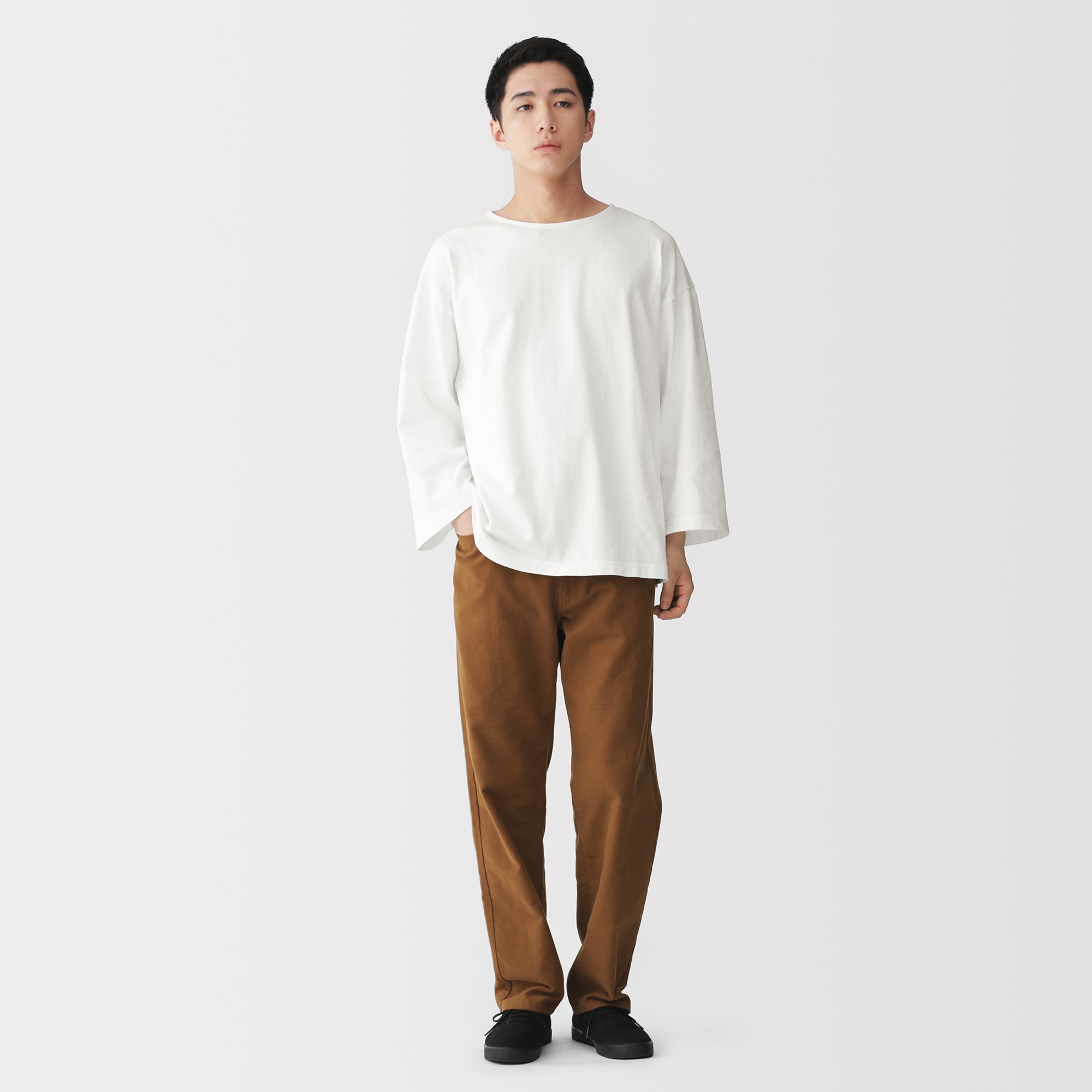 紳士 洗いざらし太番手ボートネック七分袖Tシャツ | 無印良品