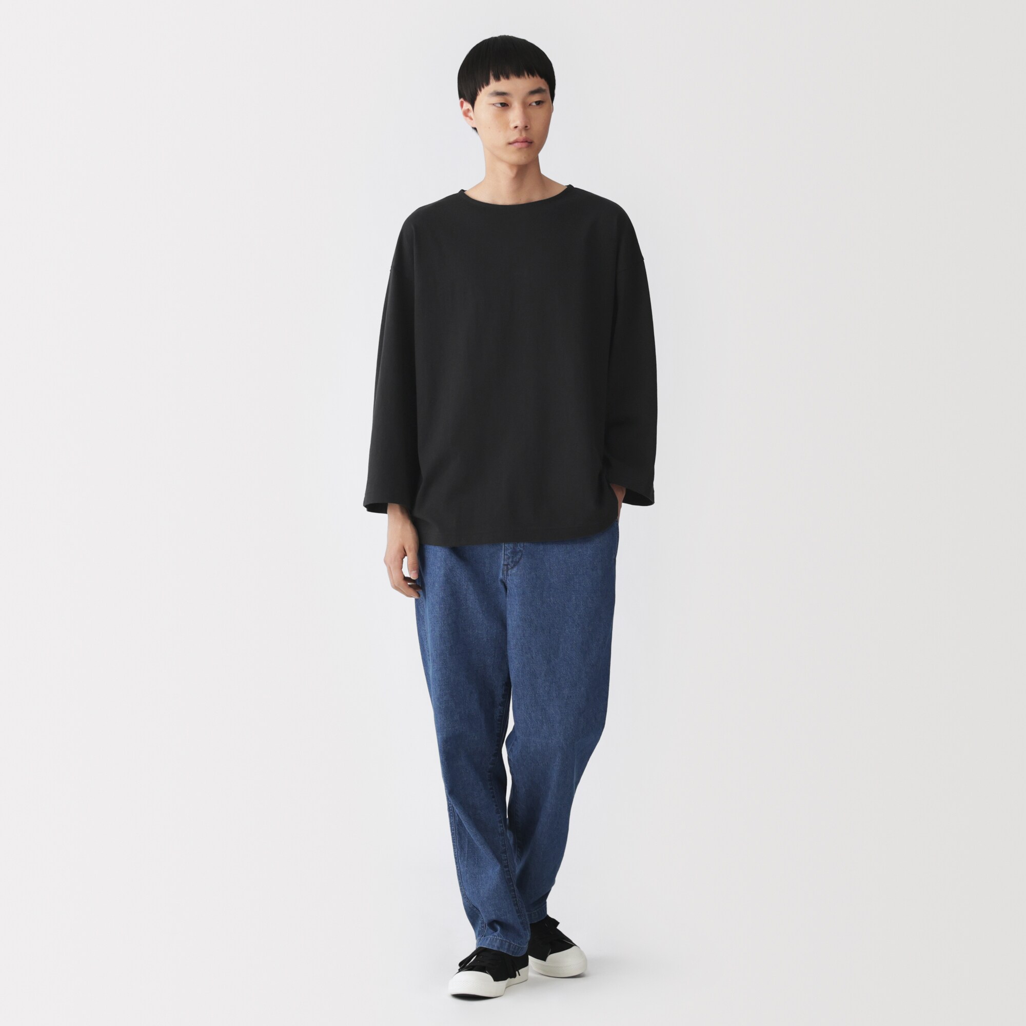 紳士　洗いざらし太番手ボートネック七分袖Ｔシャツ