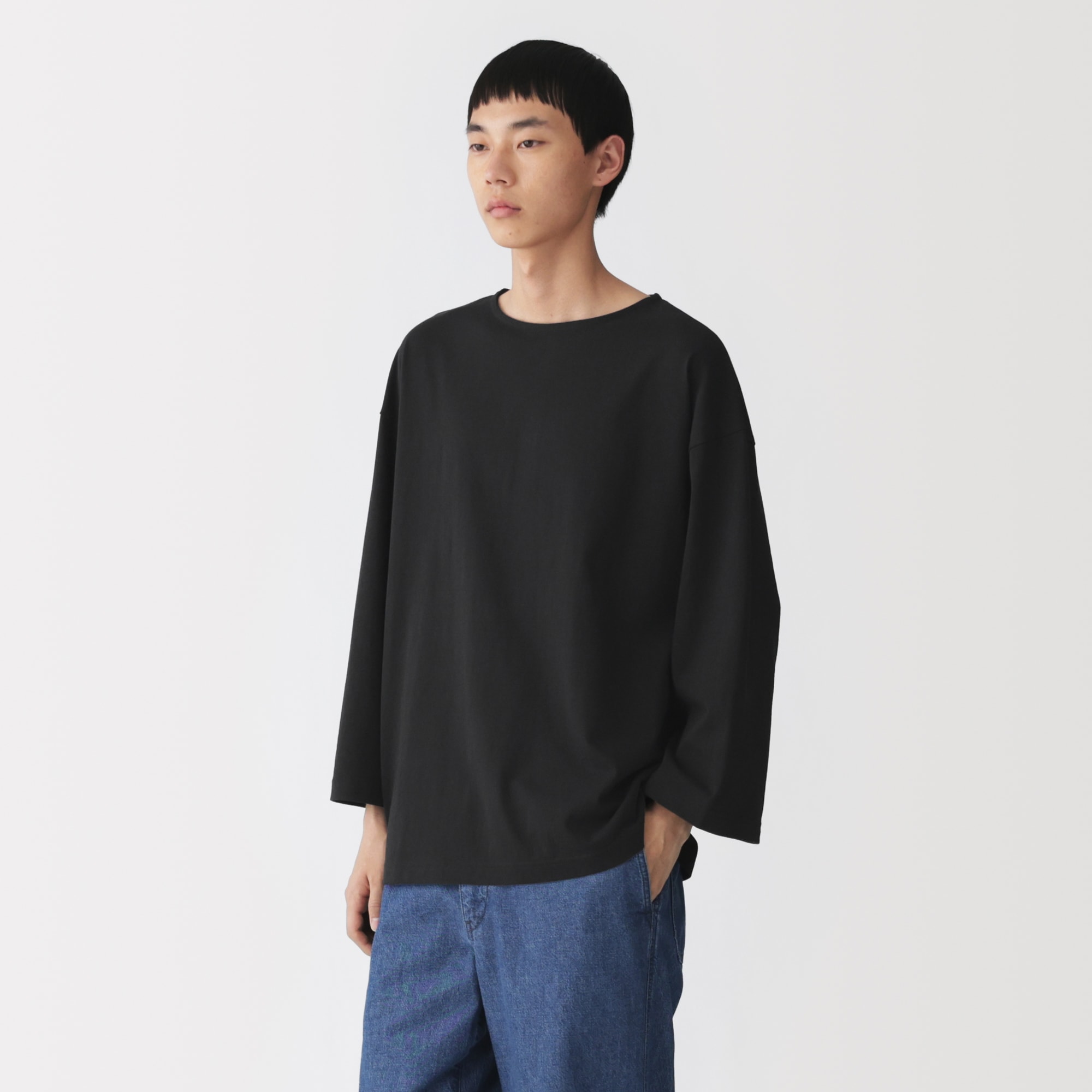 紳士　洗いざらし太番手ボートネック七分袖Ｔシャツ