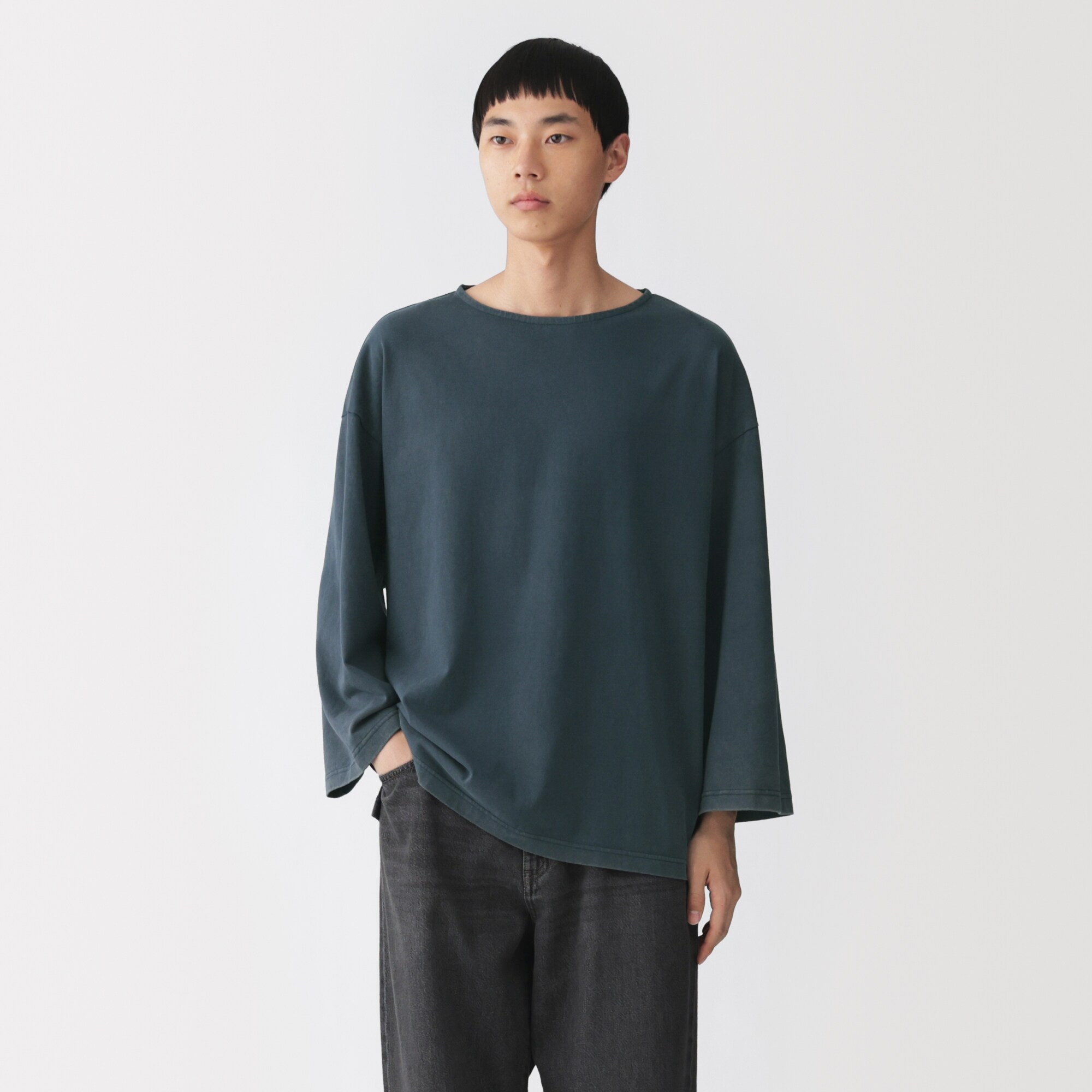 紳士　洗いざらし太番手ボートネック七分袖Ｔシャツ