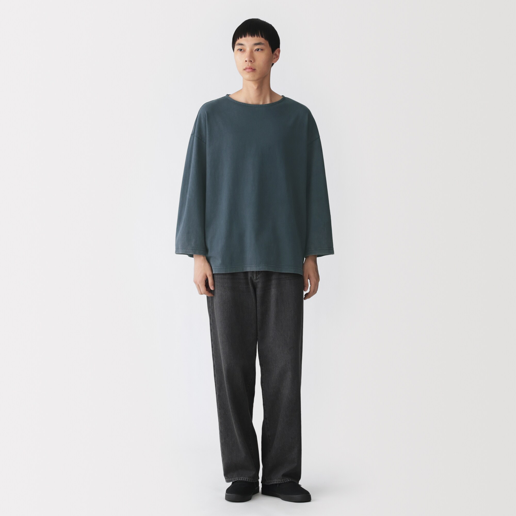 紳士　洗いざらし太番手ボートネック七分袖Ｔシャツ