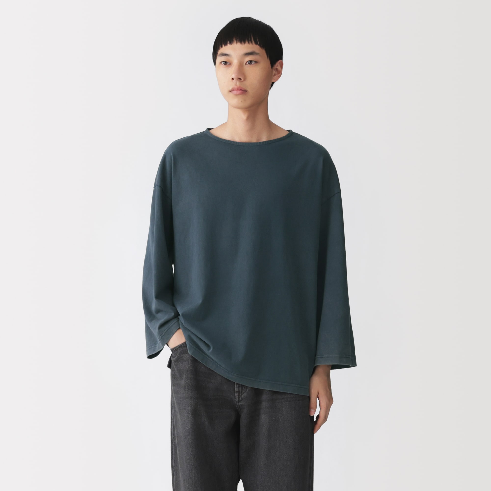 紳士　洗いざらし太番手ボートネック七分袖Ｔシャツ