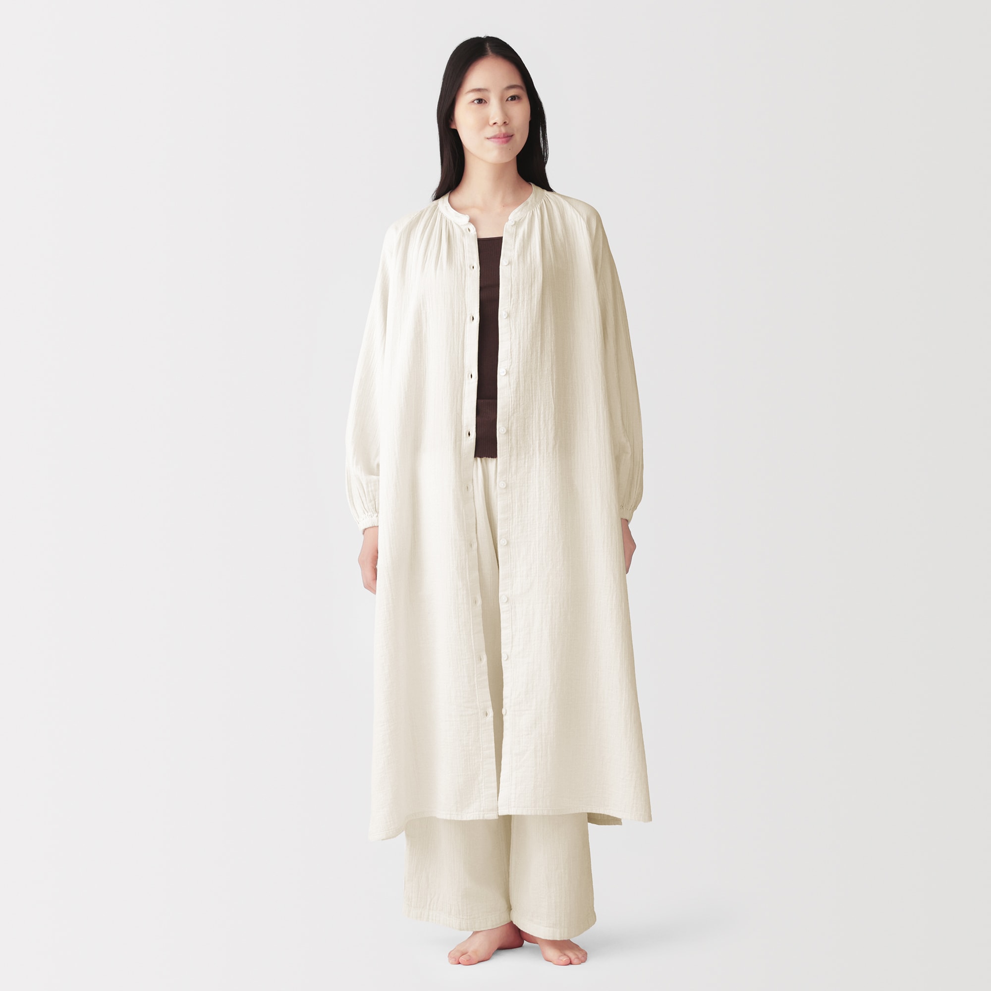と　無人レジ　ほぼ新品 婦人 ふんわりしぼガーゼ 長袖ワンピース | 無印良品