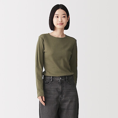 婦人　あったか綿　厚手ジャカード　クルーネック長袖Ｔシャツ