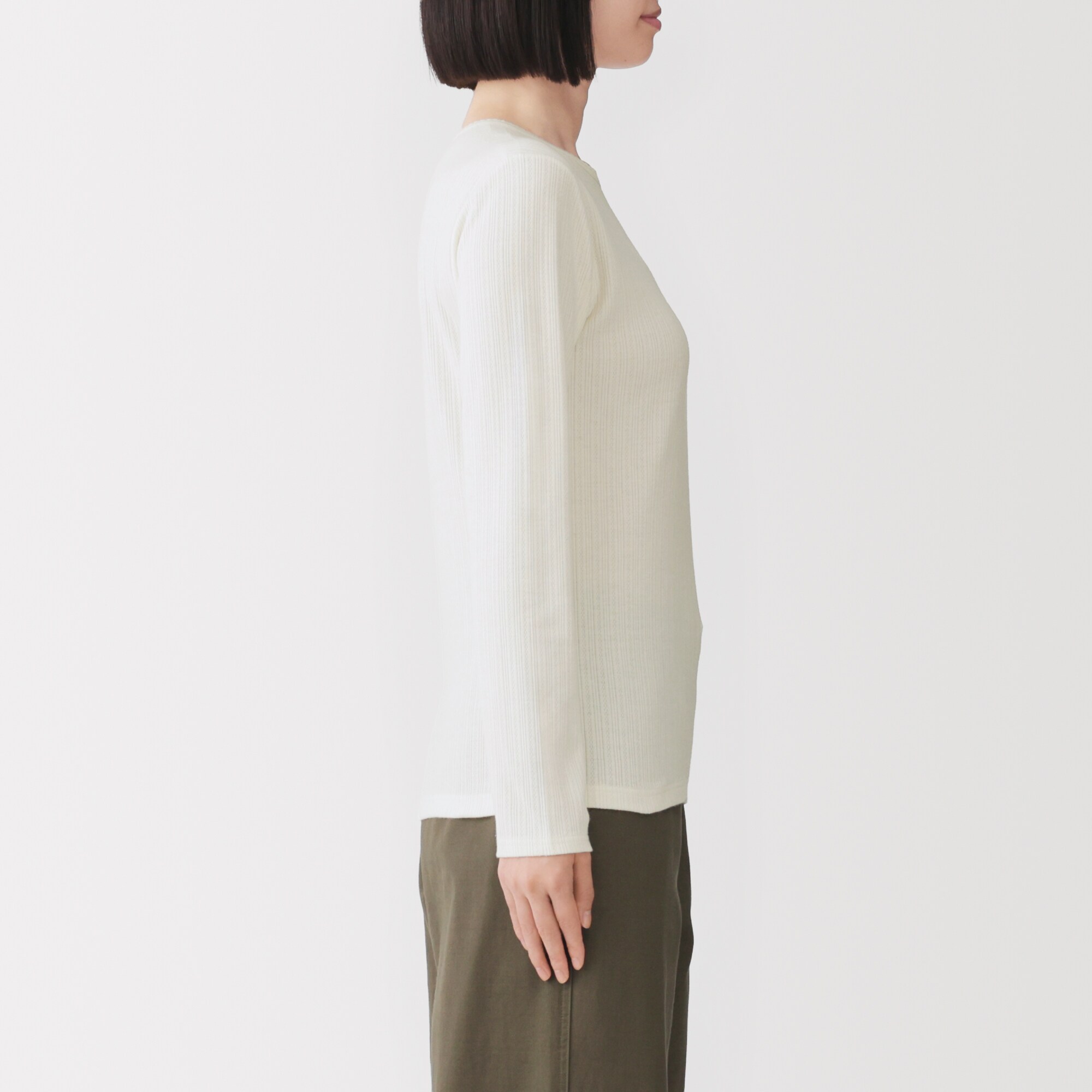婦人　あったか綿　厚手ジャカード編み　クルーネック長袖Ｔシャツ
