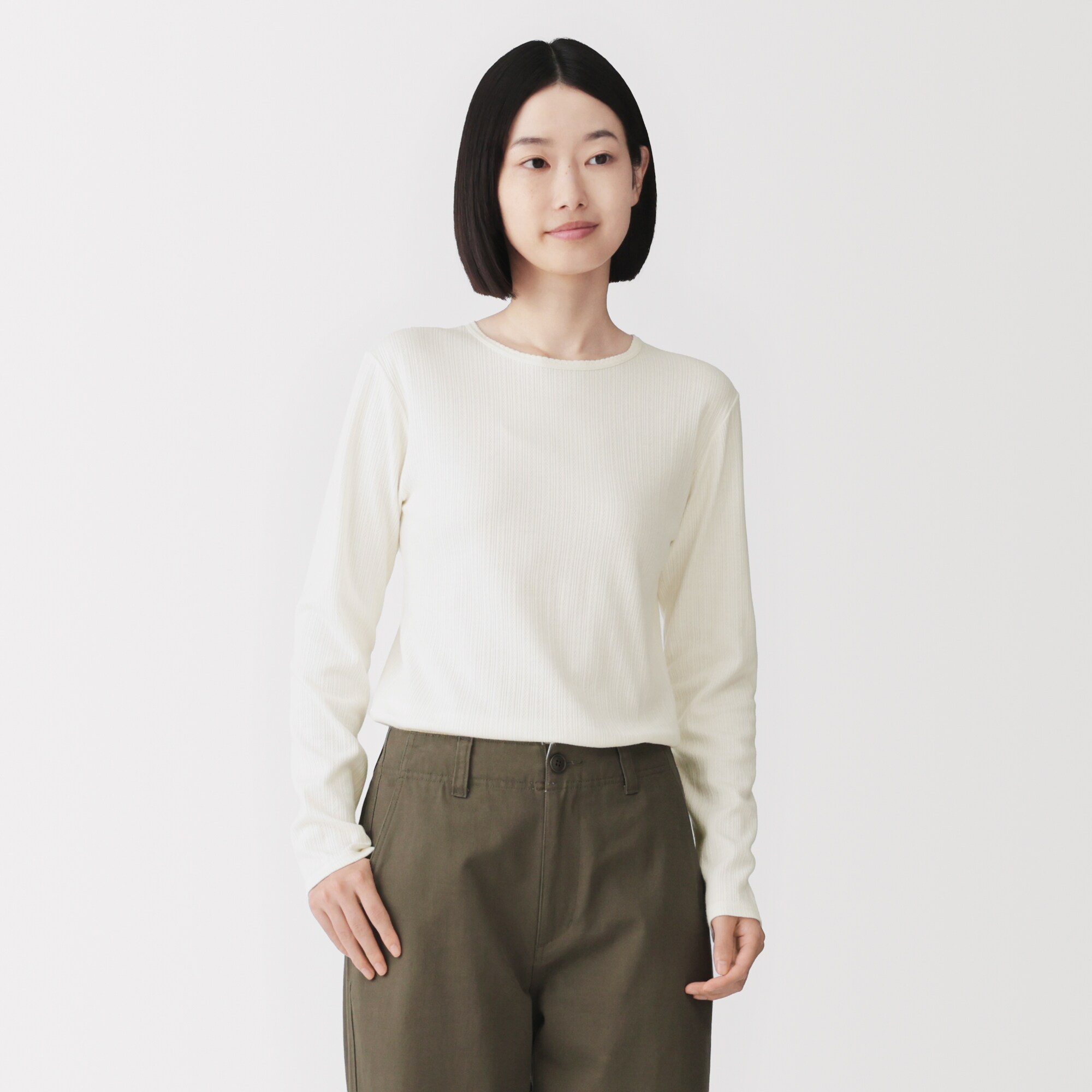 婦人　あったか綿　厚手ジャカード編み　クルーネック長袖Ｔシャツ