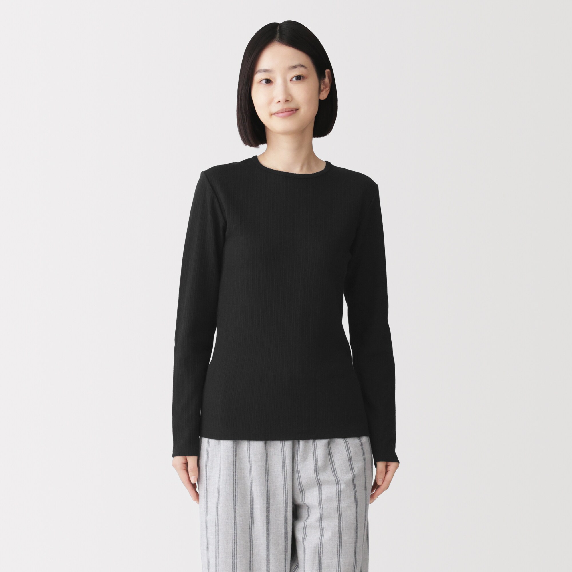 婦人　あったか綿　厚手ジャカード編み　クルーネック長袖Ｔシャツ