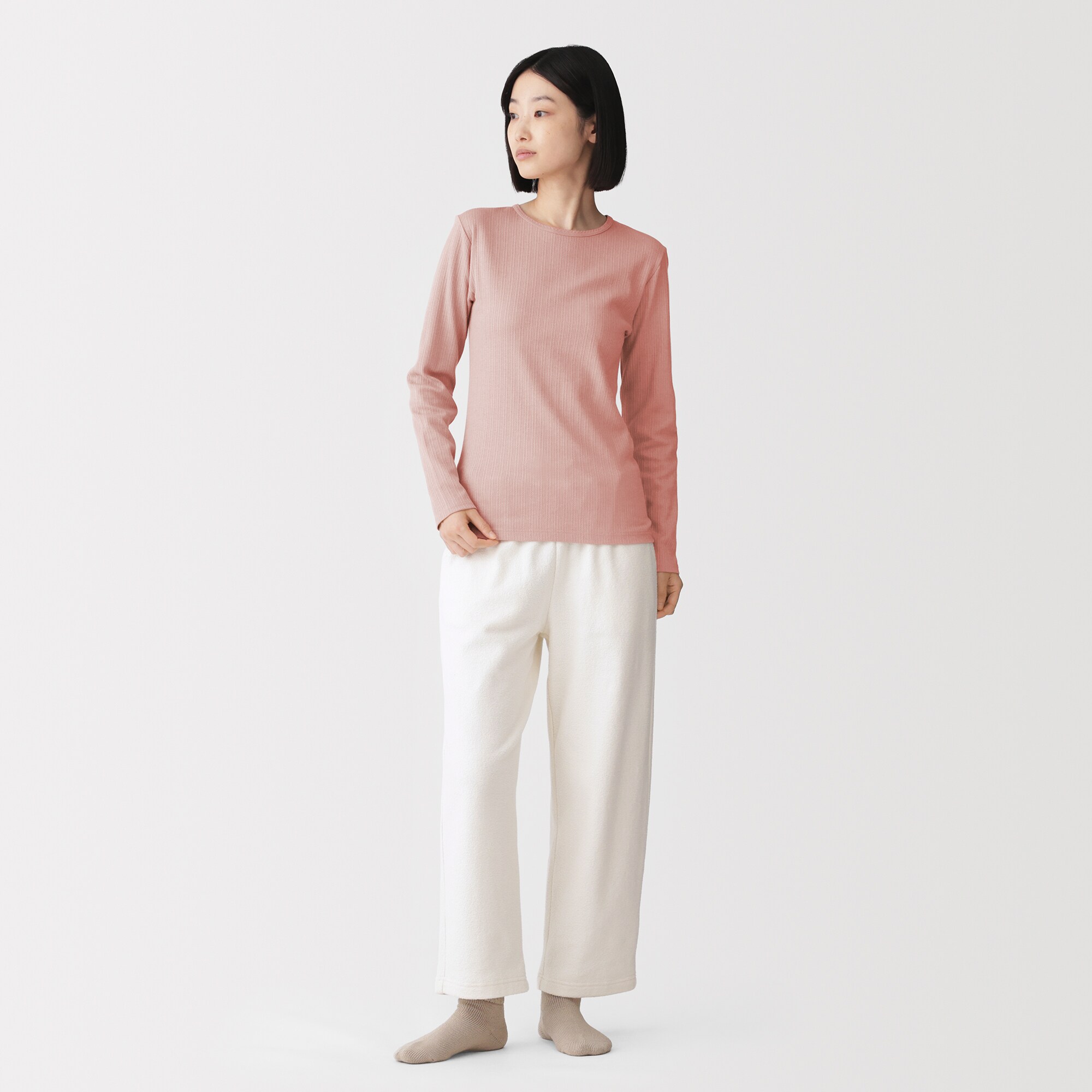 婦人　あったか綿　厚手ジャカード編み　クルーネック長袖Ｔシャツ