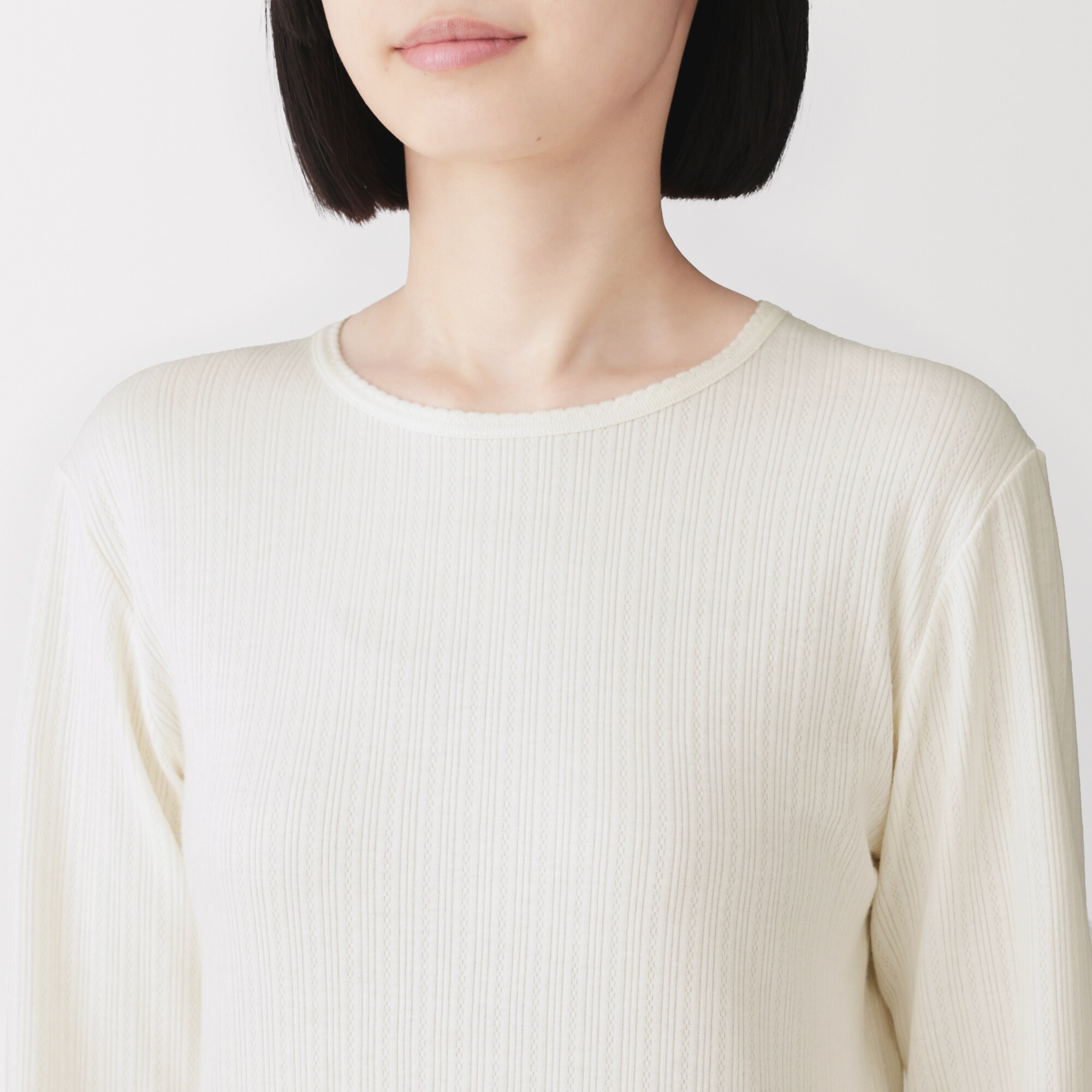 婦人　あったか綿　厚手ジャカード編み　クルーネック長袖Ｔシャツ