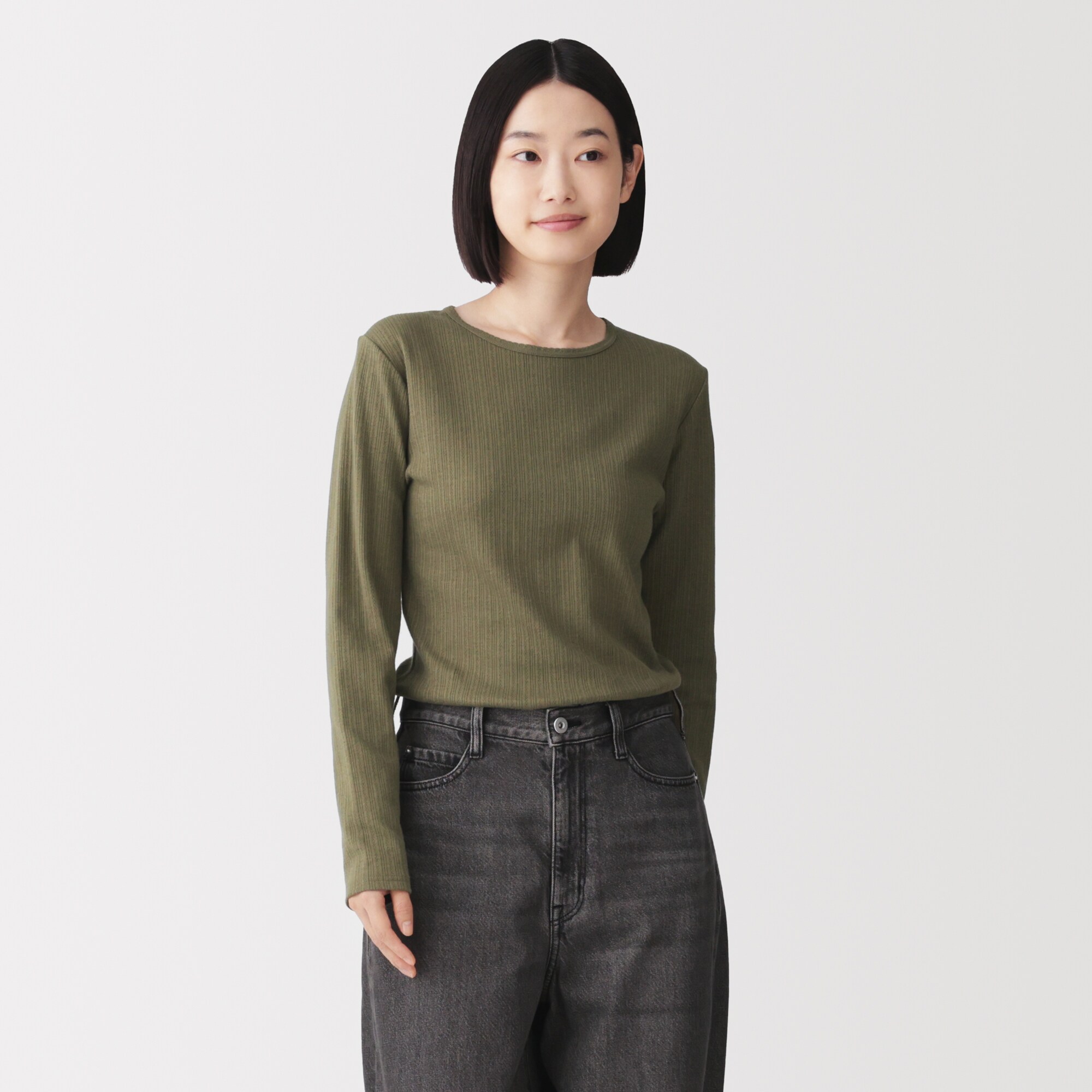 婦人　あったか綿　厚手ジャカード編み　クルーネック長袖Ｔシャツ