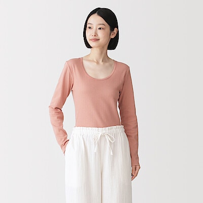 婦人　あったか綿　厚手ジャカード　Ｕネック長袖Ｔシャツ