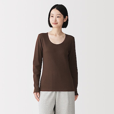 婦人　あったか綿　厚手ジャカード　Ｕネック長袖Ｔシャツ