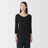 婦人　着るスキンケア　レース付き　バレエネック八分袖Ｔシャツ
