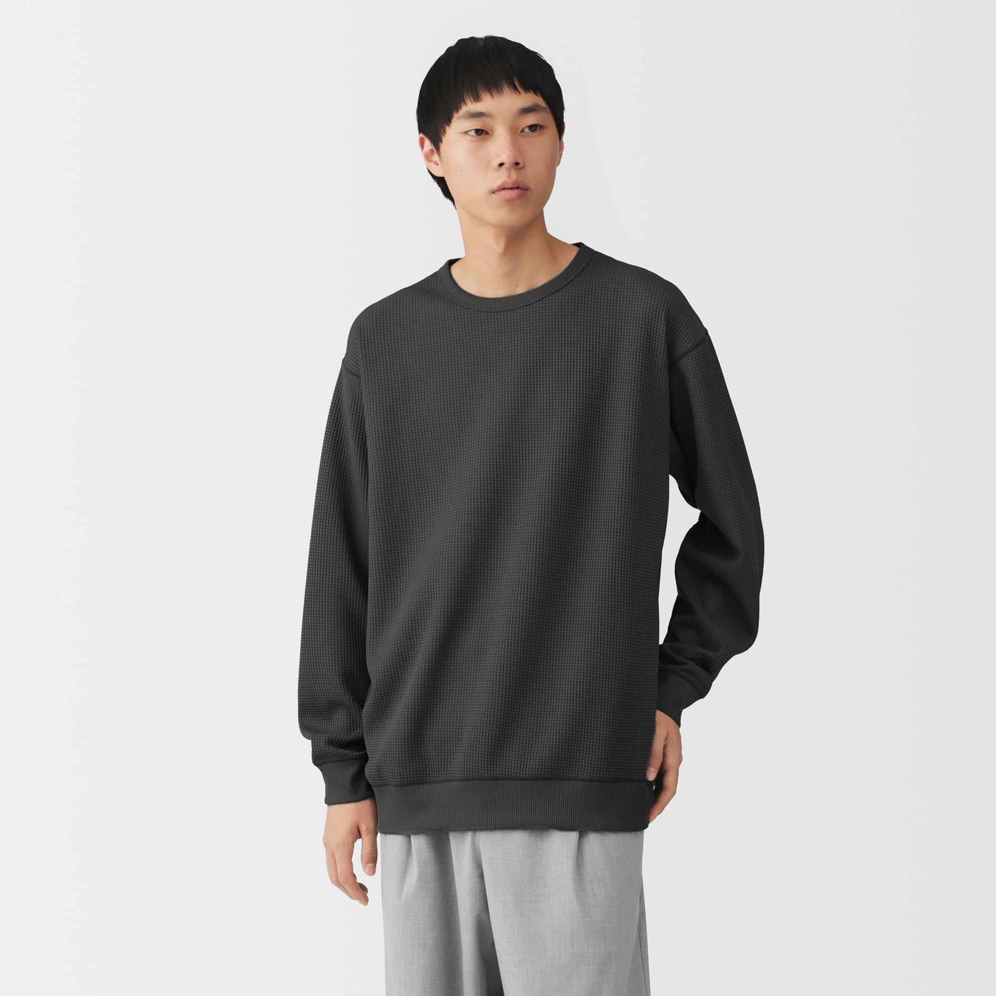 紳士　素材に還るワッフル編みクルーネック長袖Ｔシャツ