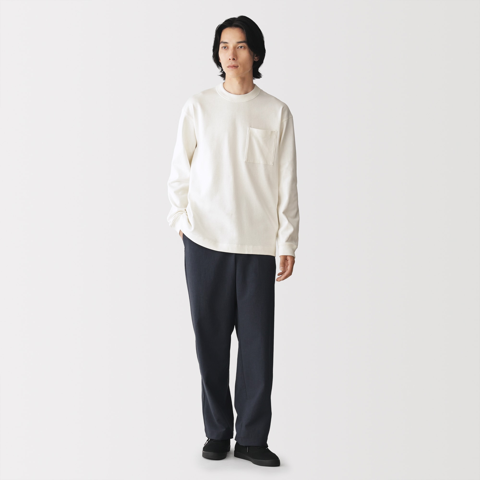 紳士　木の実から作ったカポック混太番手クルーネック長袖Ｔシャツ