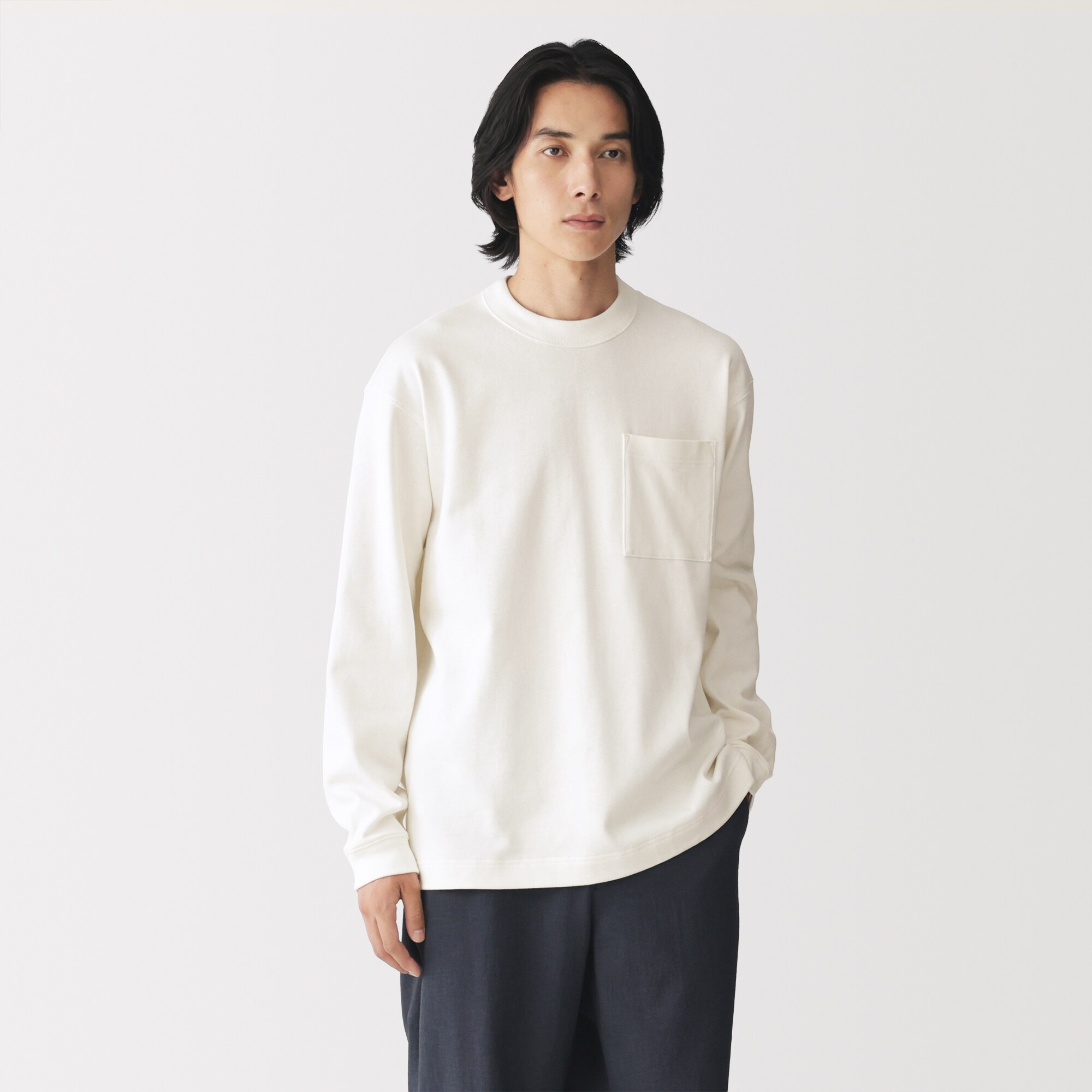 紳士　木の実から作ったカポック混太番手クルーネック長袖Ｔシャツ