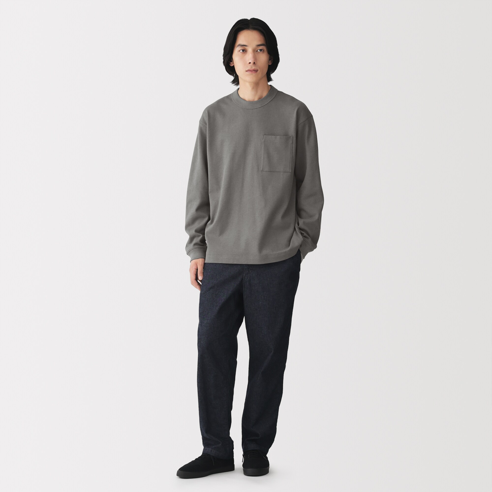 紳士　木の実から作ったカポック混太番手クルーネック長袖Ｔシャツ