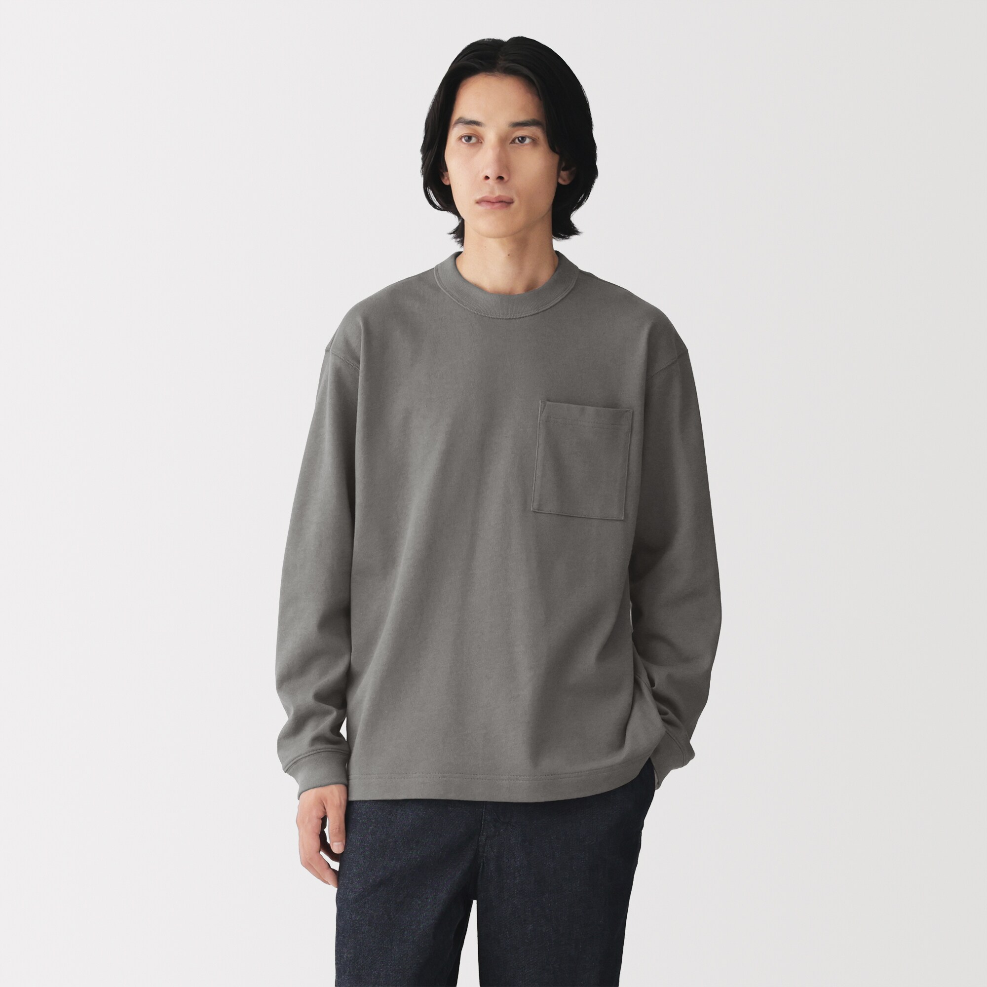 紳士　木の実から作ったカポック混太番手クルーネック長袖Ｔシャツ