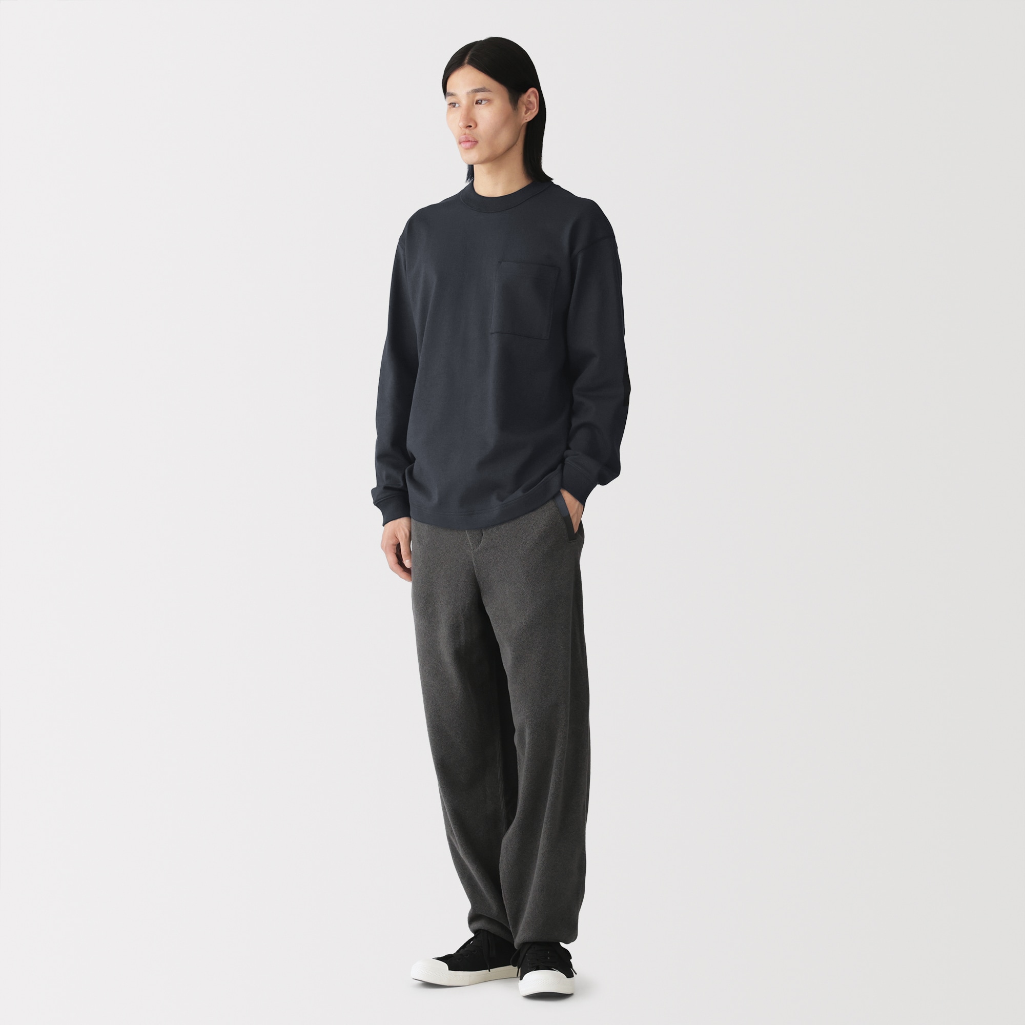 紳士　木の実から作ったカポック混太番手クルーネック長袖Ｔシャツ