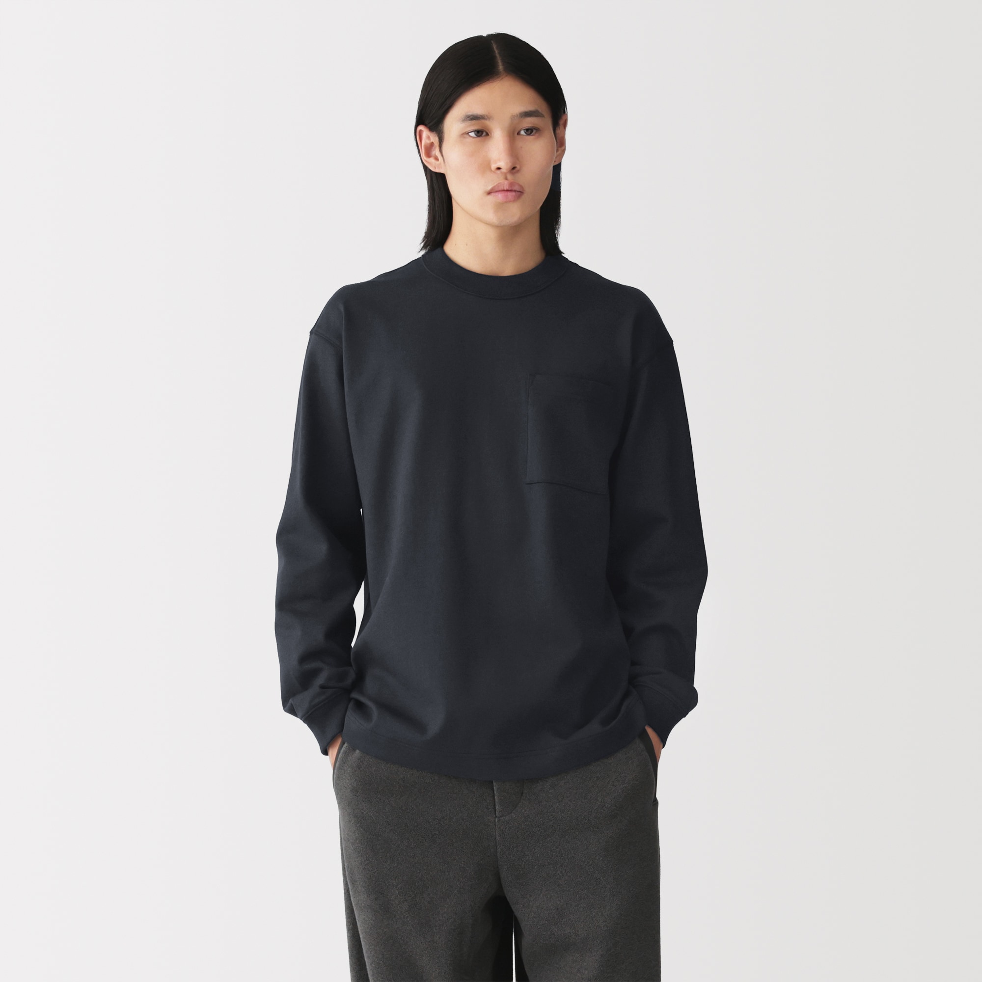 紳士　木の実から作ったカポック混太番手クルーネック長袖Ｔシャツ